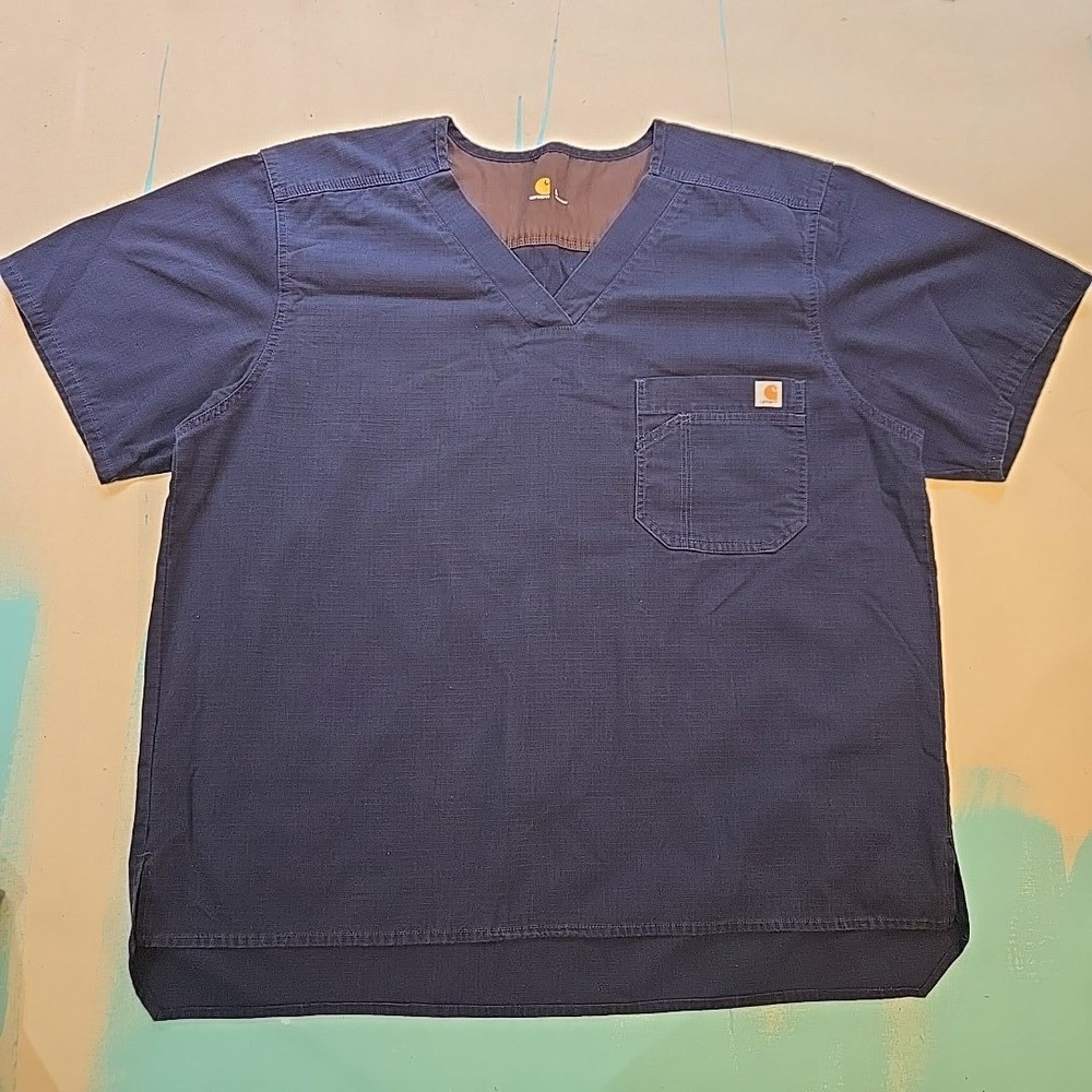Carhartt L Navy Blue Ripstop V Neck Scrub Top Men Pocket Medical Shirt Roomy Fit